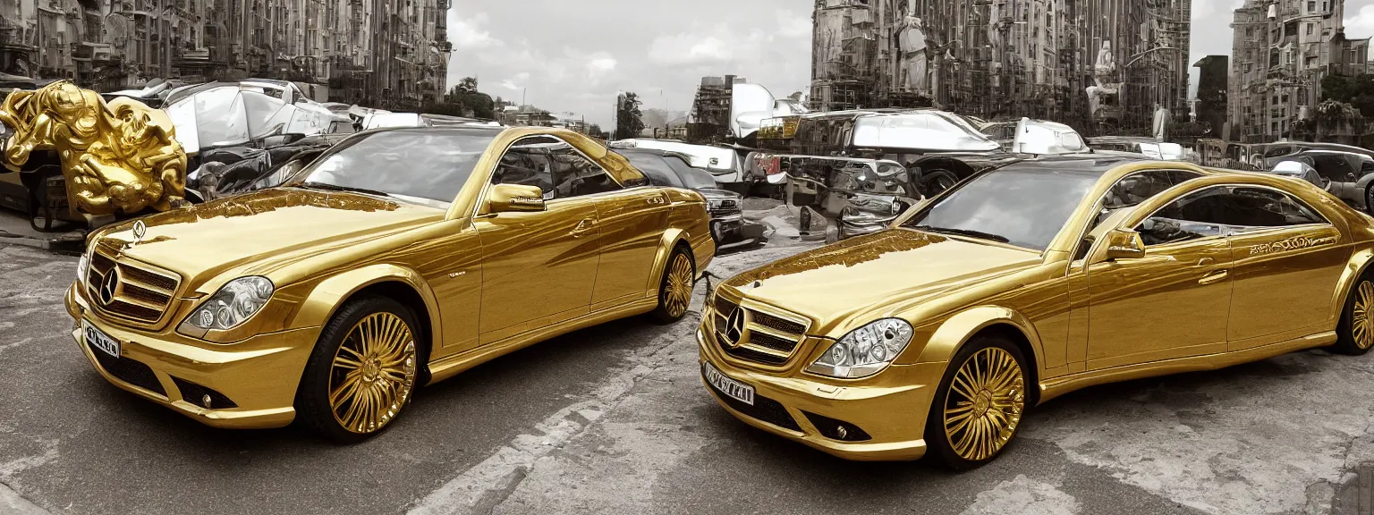 Image similar to photography a very luxurious, golden mercedes studded with diamonds, premium,