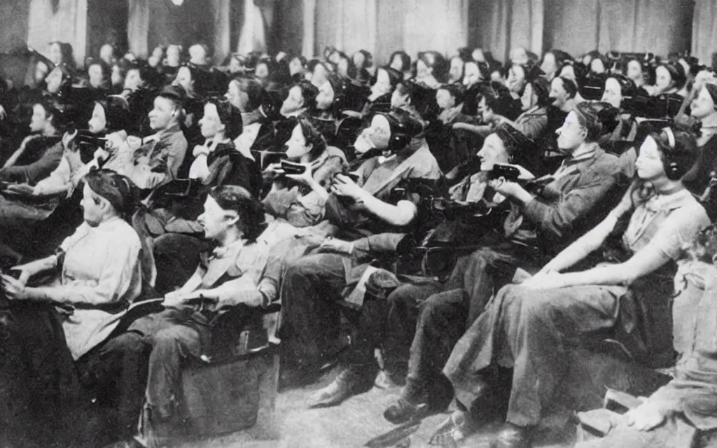 Image similar to 1 9 0 0 s photo of people using iphones ipods virtual reality headsets vr watching hd tv in a movie theater