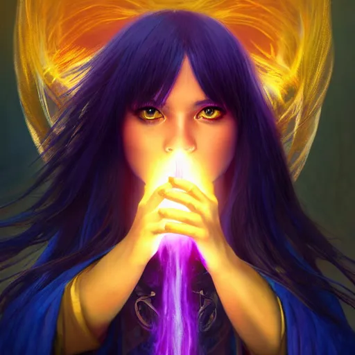 Image similar to rimuru tempest from tensura holding purple fire in her palm, with amber eyes of golden colored eyes, straight hair, sky blue hair, long bangs, concept art, award winning photography, key visual, digital painting, cinematic, wlop, 8 k, by ross tran, andy warhol, tom bagshaw