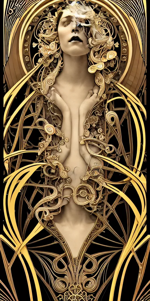 Image similar to the source of future growth dramatic, elaborate emotive Art Nouveau styles to emphasise beauty as a transcendental, seamless pattern, symmetrical, large motifs, 8k image, supersharp, medallions, iridescent black and rainbow colors with gold accents, perfect symmetry, pearlescent, High Definition, sci-fi, Octane render in Maya and Houdini, light, shadows, reflections, photorealistic, masterpiece, smooth gradients, high contrast, 3D, no blur, sharp focus, photorealistic, insanely detailed and intricate, cinematic lighting, Octane render, epic scene, 8K