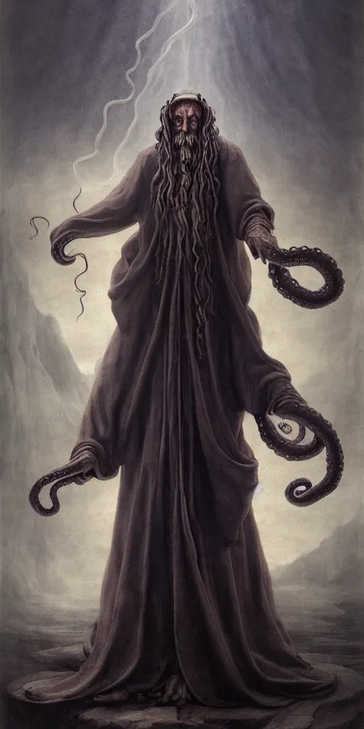 Image similar to a wizard that is slowly transforming into a tentacle monster, matte oil painting, by leonardo da vinci, concept art, d & d, robes, fantasy, fog, sharp focus, eldritch, award - winning, extremely detailed, 4 k, 8 k