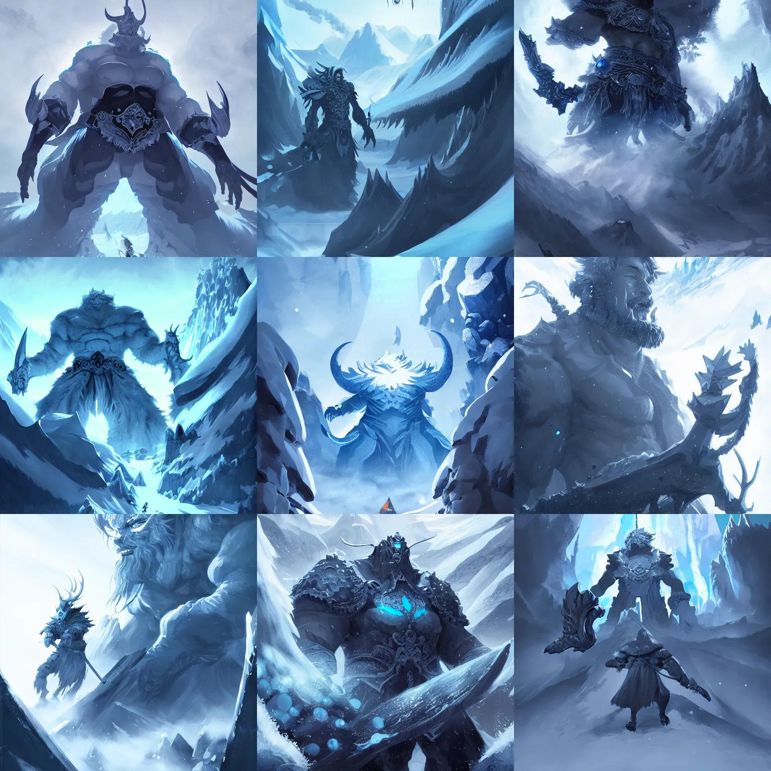 Prompt: a gargantuan revenant looming over a party of adventurers, in the snow mountains, high fantasy, monochromatic blue, smooth, sharp focus, high fantasy, dnd, by rossdraws, artstationhd