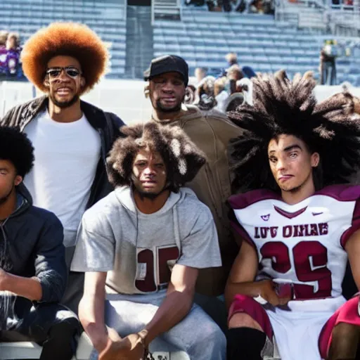 Image similar to Live Action Still of the cast of The Boondocks attending a college homecoming game, real life, hyperrealistic, ultra realistic, realistic, highly detailed, epic, HD quality, 8k resolution, body and headshot, film still