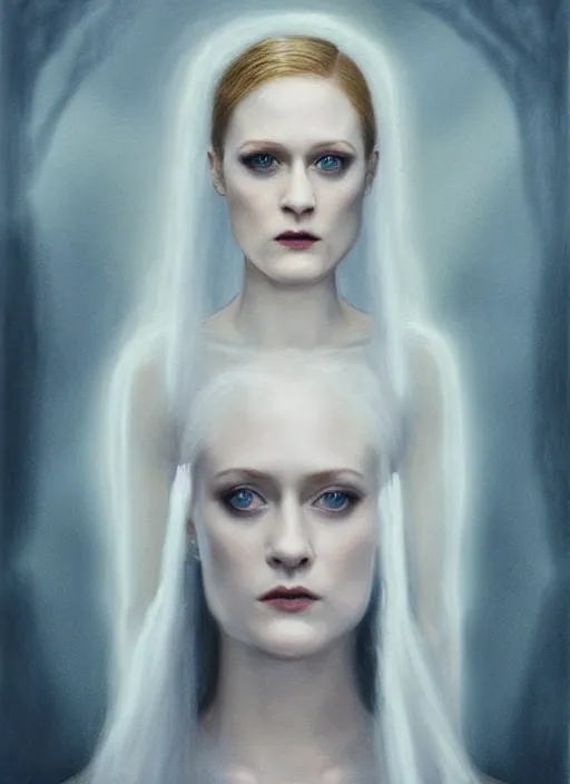 Image similar to goddess, Evan Rachel Wood, pale, holy, gorgeous, white dress, symmetrical face, high fantasy, concept art, warm lighting, painting