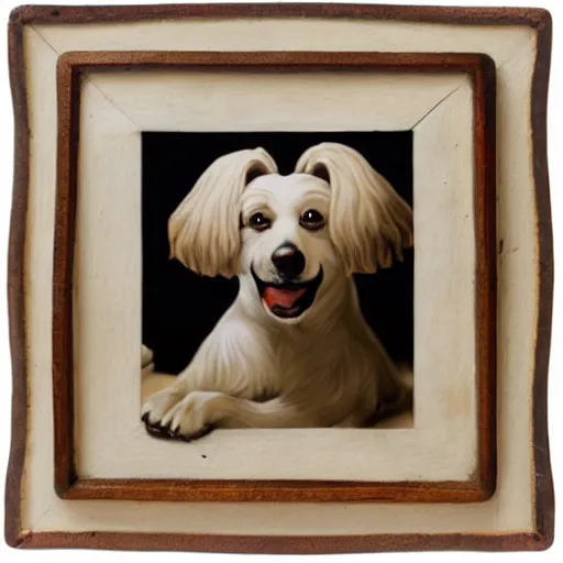 Prompt: painted wooden frame, elegant, 1 9 2 0 s, for a square picture of a happy dog 3 d render