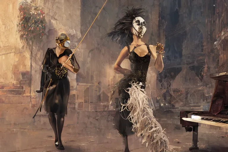 Image similar to craig mullins and ghibli digital art of on the stage of the theater, a masked female violinist performs alone, dressed in exotic costumes, gold jewelry, and black hair realistic shading, cinematic composition, realistic render, octane render, detailed textures, photorealistic, wide shot