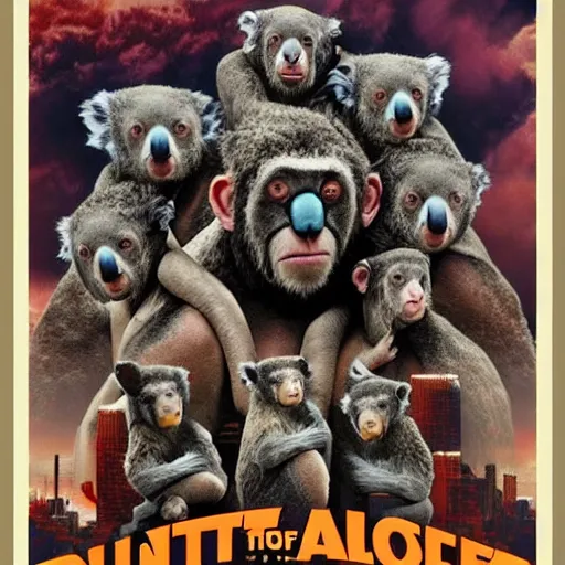 Image similar to planet of the koalas in the style of the movie poster of planet of the apes ( 2 0 1 1 ), movie poster, high quality, intricate detail