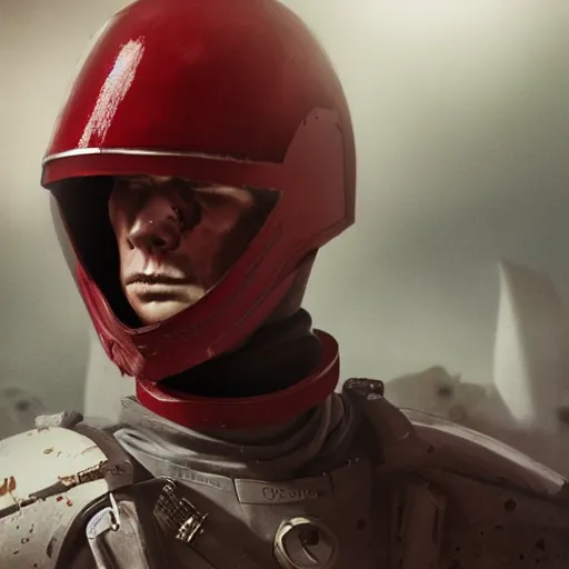 Prompt: portrait of a 5 0 year old soldier wearing blood - spattered glossy sleek white dinged scuffed armor and a long torn red cape, heroic posture, battle - weary, strained expression, determined expression, no helmet, on the surface of mars, dramatic lighting, cinematic, sci - fi, hyperrealistic, detailed