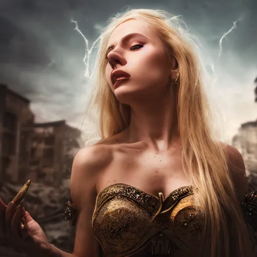 Prompt: beautiful blond sorceress girl casting a spell, in a destroyed city, moody lighting, 8 k, shallow depth of field, cinematic lighting,