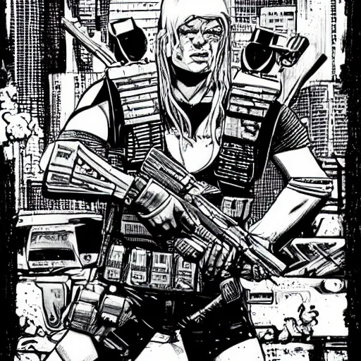 Image similar to sci - fi, dystopian bounty hunter, art by kevin eastman, black and white