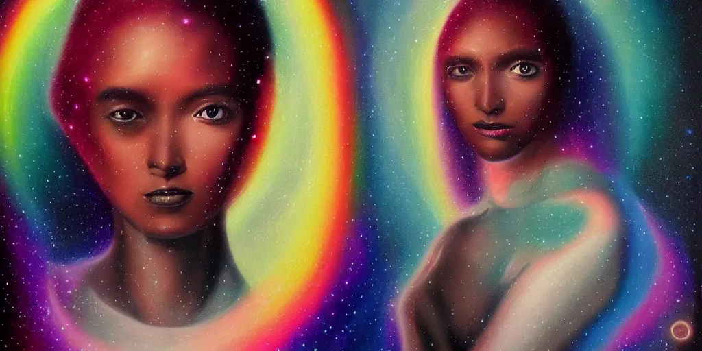 Prompt: patron saint of 🛸🌈👩🏾, futuristic iridescent clothing, wormhole, nebula, black hole, multiverse, neon god of city character portrait, in the style of margaret keane, moebius, tom bagshaw, and waterhouse, cinematic lighting, beautiful, elegant, oil painting,