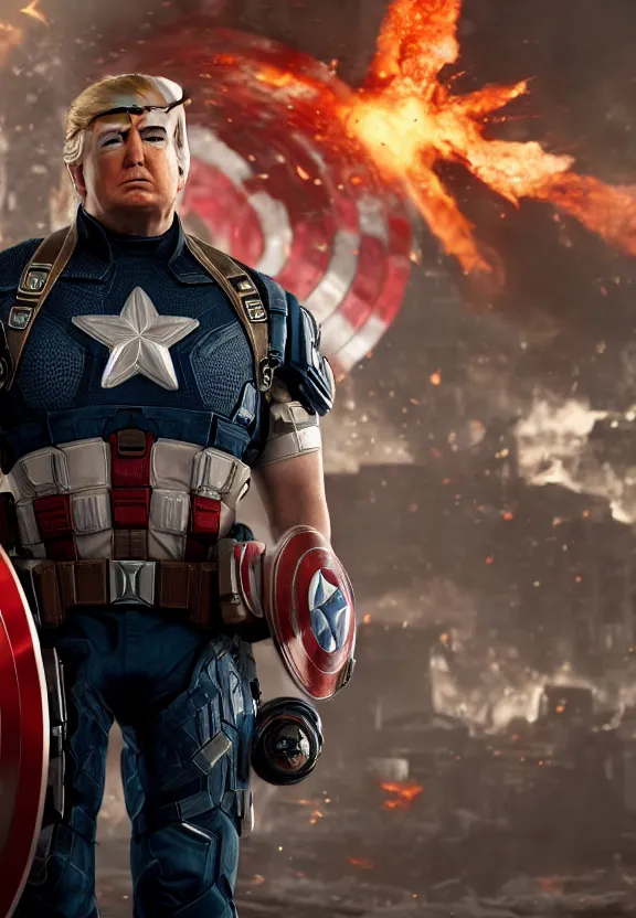 Image similar to Portrait of Donald Trump as captain america in Gears of War, splash art, movie still, cinematic lighting, dramatic, octane render, long lens, shallow depth of field, bokeh, anamorphic lens flare, 8k, hyper detailed, 35mm film grain