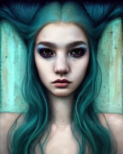 Image similar to ( ( ( portrait of mermaid ) ) ), zoom, rule of thirds, intricate, attractive, symmetrical!!, makeup, loreal, maybelline, sephora, loreal, artstation, art by greg rutkowski and gonzalo ordonez arias, and artgerm, filmic, vsco, moody, gotham, concept art, cg society,