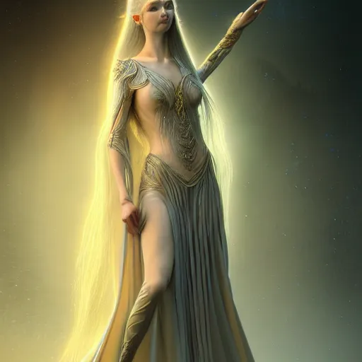 Image similar to portrait of a female elven wizard in flowing sensual dress, long flowing hair, delicate, looking at camera, slightly smiling, stylish, elegant, extremely detailed painting inspired by Gerald Brom, octane render, epic lighting