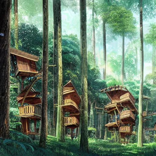 Image similar to concept art painting of treehouses made out of trees, walkways between trees, trees with doors and windows in a deep forest, realistic, detailed, cel shaded, in the style of makoto shinkai and greg rutkowski and james gurney