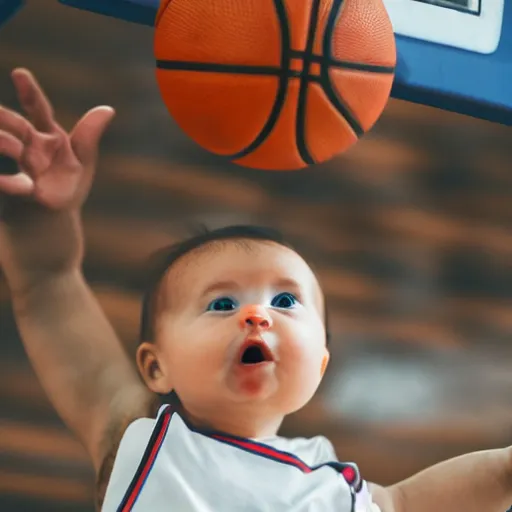 Image similar to a baby dunking a basketball, close up, dramatic action photography