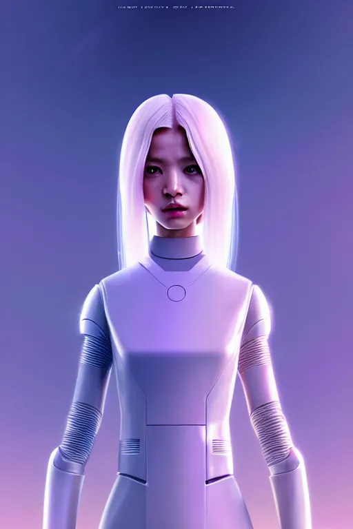 Image similar to upright and straight android women, scifi, futuristic design, bae suzy, long white hair, character design, cinematic lighting, highly detailed, by beeple, goro fujita, smooth gradient.