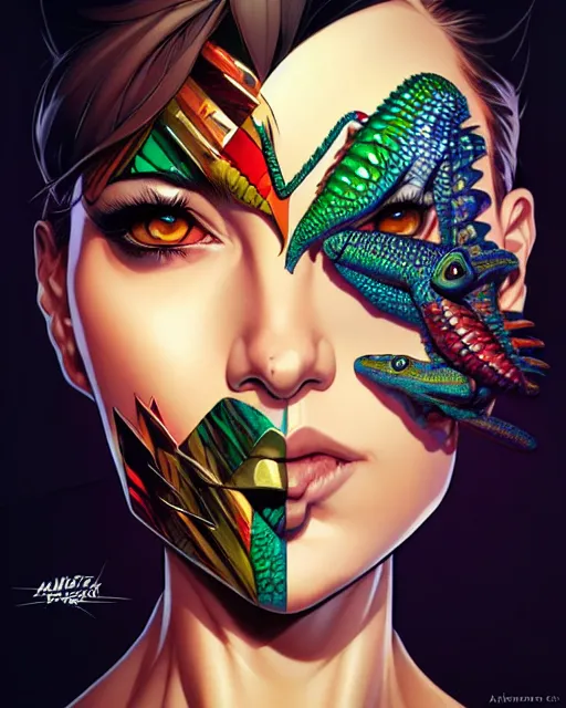 Image similar to artgerm, joshua middleton and sandra chevrier comic cover art, headshot male lizard person, symmetrical eyes, scales, beautiful, rim lighting, vivid colors