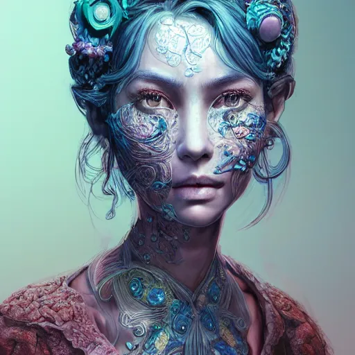 Image similar to the portrait of a blueberry that resembles an absurdly beautiful, graceful, elegant, sophisticated girl, an ultrafine hyperdetailed illustration by kim jung gi, irakli nadar, intricate linework, bright colors, octopath traveler, final fantasy, unreal engine 5 highly rendered, global illumination, radiant light, detailed and intricate environment