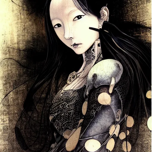 Image similar to yoshitaka amano blurred and dreamy realistic illustration of a japanese woman with black eyes, black lipstick, long wavy white hair fluttering in the wind wearing elden ring armor with engraving, abstract patterns in the background, satoshi kon anime, noisy film grain effect, highly detailed, renaissance oil painting, weird portrait angle, blurred lost edges, three quarter view