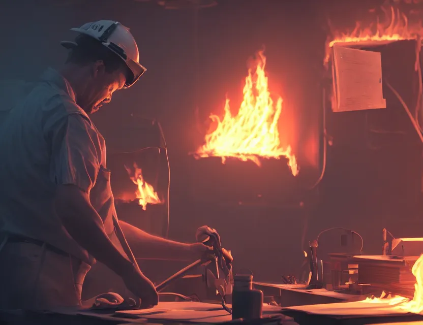 Image similar to a man works at a workstation in a very hot office with burning fires, close up, featured in artstation, octane render, intricate, ultra detailed, fantasy, concept art, sharp focus, illustration, 8 k