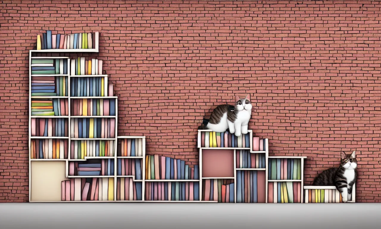 Prompt: bookshelf with a cat, brick streets, nordic pastel colors, 3 d art, digital illustration, perfect lighting