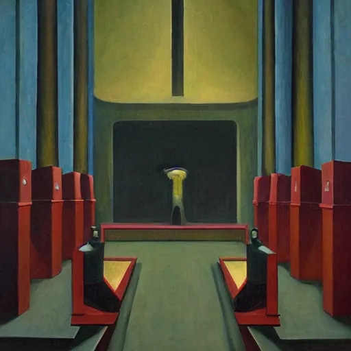 Prompt: brutalist giant fascist robots at an altar, cathedral, dystopian, pj crook, edward hopper, oil on canvas