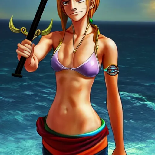 Prompt: A full body portrait of emma watson as Nami from one piece holding a trident in one hand, 3d, trending artstation, perfect faces