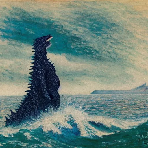 Image similar to a post-Impressionist illustration of Godzilla rising from the sea by Henri Rivière