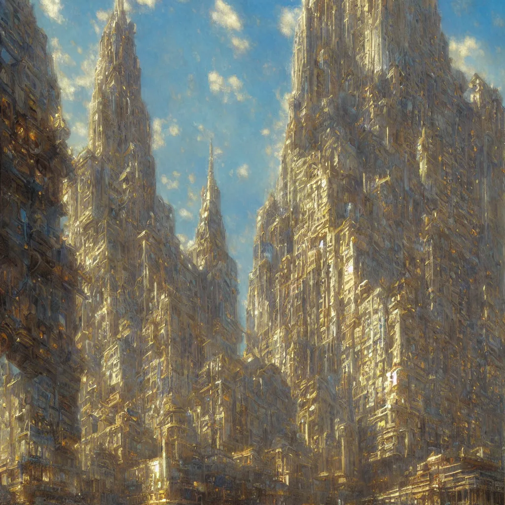 Image similar to detailed cinematic low angle shot of chrysller building, spring light, painting by gaston bussiere, craig mullins, j. c. leyendecker