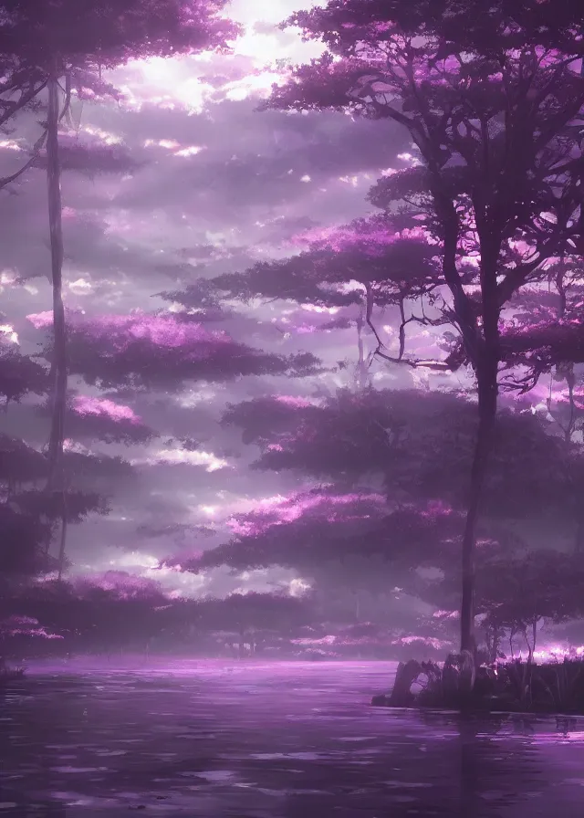 Image similar to dark purple swamp, makoto shinkai