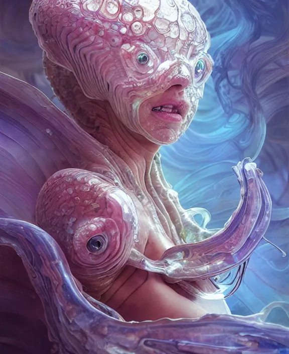 Image similar to intricate transparent portrait of a terrifying beautiful alien sea slug, horns, mottled coloring, adorable, childlike, anxiety environment, ultra realistic, concept art, art nouveau, photorealistic, octane render, 8 k, unreal engine. art by christopher marley and artgerm and greg rutkowski and alphonse mucha