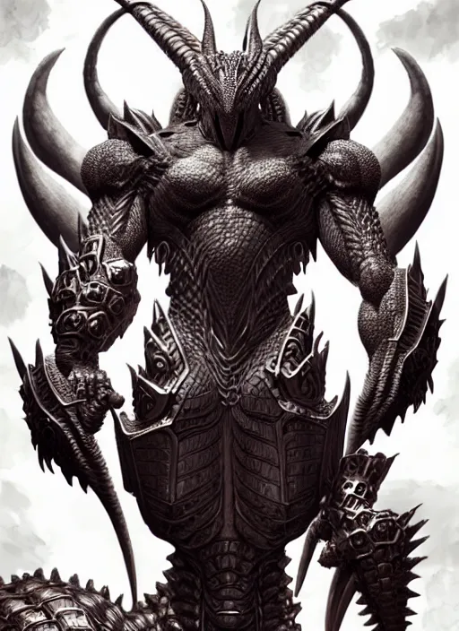 Image similar to muscular and tall humanoid dragon!!!! draconian!! intricate ornate heavy armor!! character concept art, sharp focus, octane render! unreal engine 5! highly rendered!! trending on artstation!! detailed linework!! illustration by artgerm, wlop, and chie yoshii