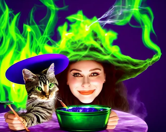 Image similar to close up portrait, happy teen witch and her cat mixing a spell in a cauldron, faint wispy green and purple smoke fills the air, a witch hat, cinematic, green glowing smoke is coming out of the cauldron, strange ingredients on the table, strange apothecary shelves in the background, scary stories to tell in the dark