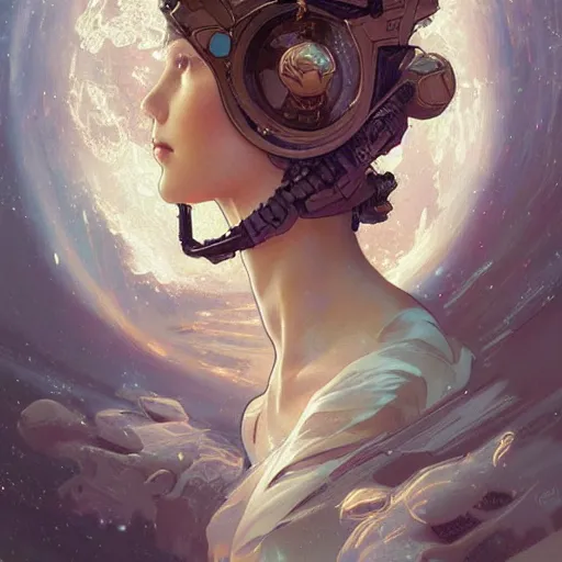 Image similar to digital artwork astronaut fantasy, intricate, elegant, highly detailed, digital painting, artstation, concept art, matte, sharp focus, illustration, art by Artgerm and Greg Rutkowski and Alphonse Mucha