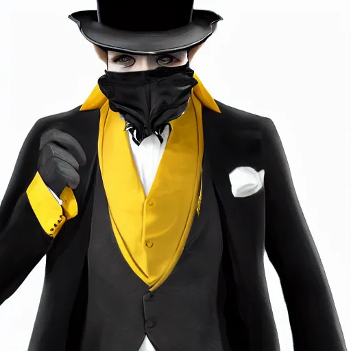 Image similar to a highly detailed portrait of a man in a high top hat covering his face, in a black tailcoat with a yellow waistcoat under the tailcoat, artstation, deviantart, professional, unreal engine 5, photorealistic