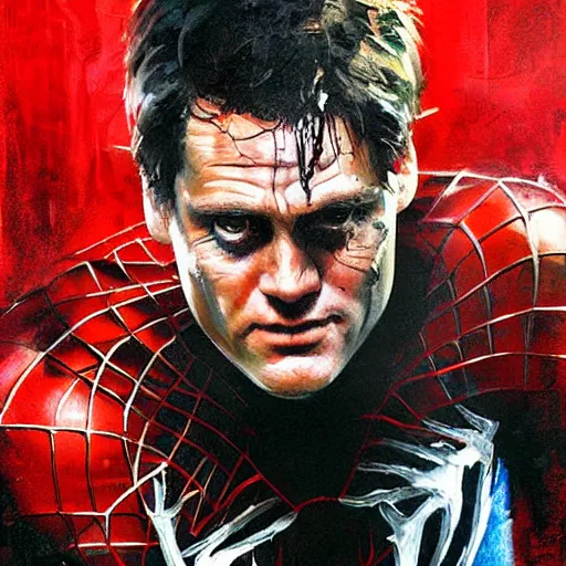 Prompt: young jim carrey as spiderman, realistic, ultrahd, jeremy mann painting