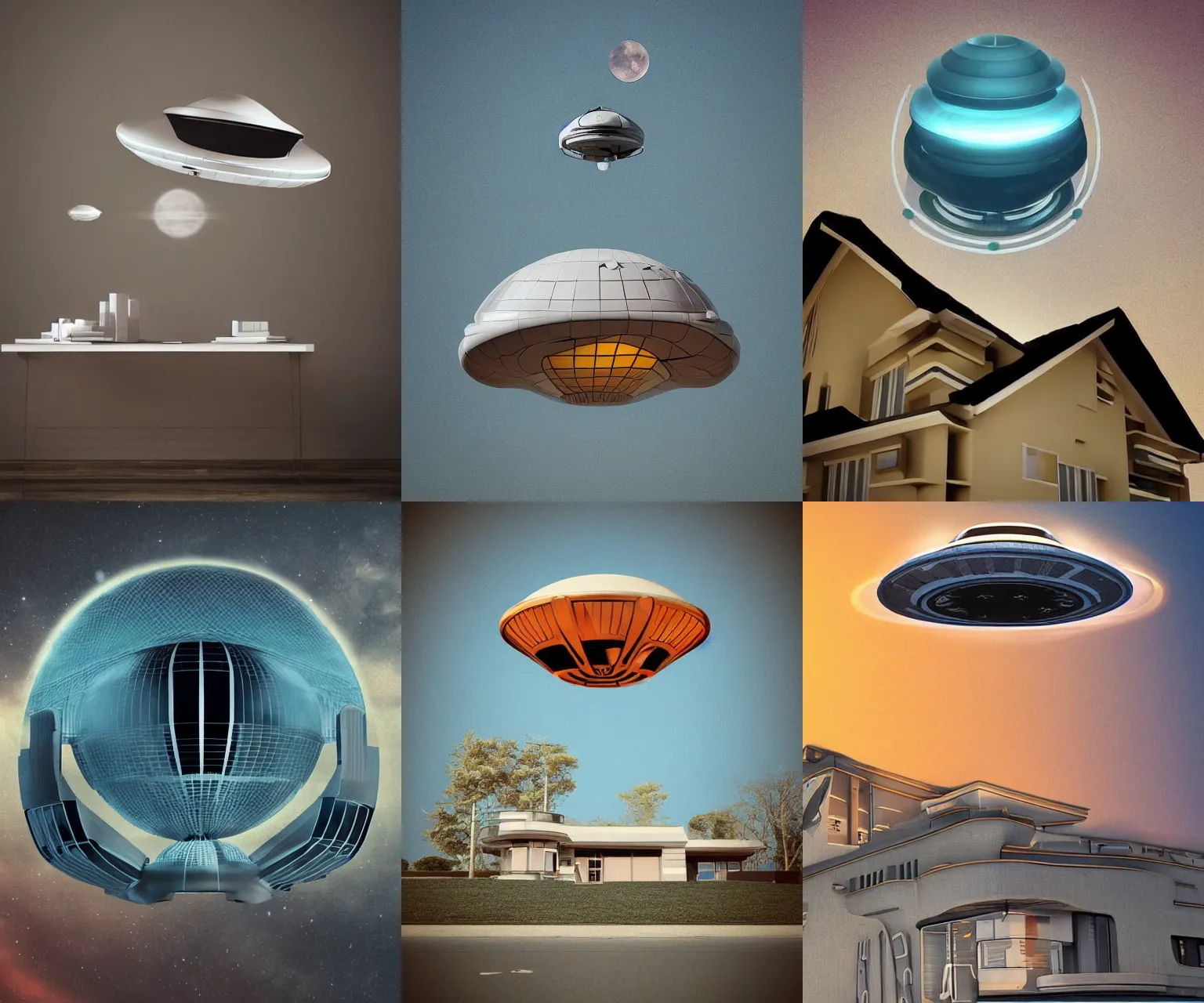 Prompt: retro-futurism style-art deco- 3d UFO above house