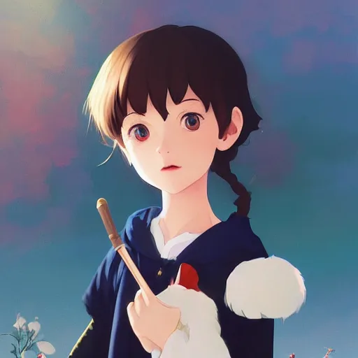 Prompt: a portrait of a cute young kiki from kiki's delivery service, harry potter series setting, vivid colors, soft lighting, atmospheric, cinematic, moody, in the style of ilya kuvshinov and range murata, krenz cushart, rule of thirds, oil on canvas, 8 k