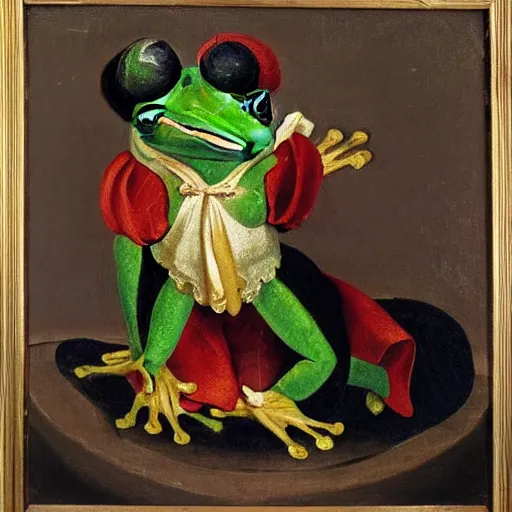 Prompt: frog in harlequin costume in renaissance oil painting