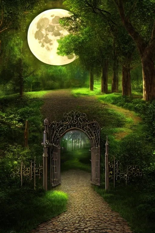 Prompt: a beautiful digital glossy clear sharp of a detailed gothic fantasy fireflies forest trees and iron gate cobblestone pathway vines full moon by james gurney, 8 k resolution trending on artstation concept art digital illustration