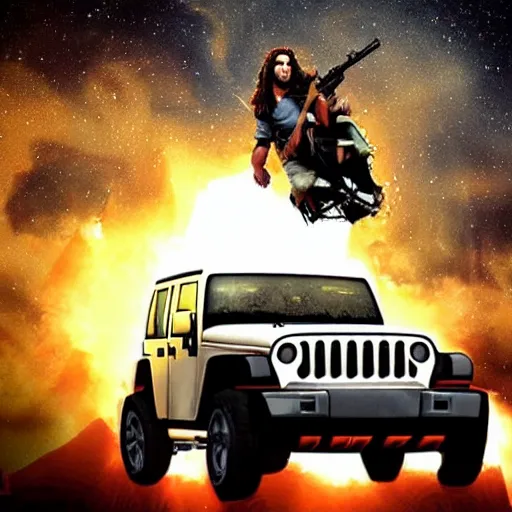 Prompt: jesus with a machine gun riding a jeep, explosions in the background