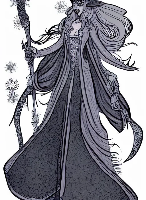 Image similar to snow witch character design by matthieu cousin, pen and ink illustration, fine inking lines, flat colors, concept art