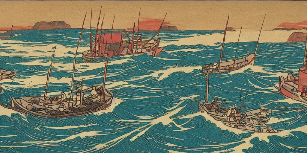 Prompt: three modern fishing boats hauling tuna with their nets, Full color woodblock print by Hiroshi Yoshida showing