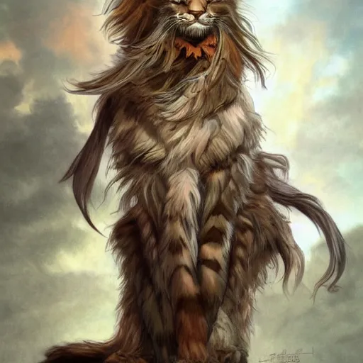 Image similar to maine coon, anthropomorphic large maine coon, dnd bipedal character, musketeer outfit, aware. furry. dnd character concept, dnd digital painting, dnd artstation, dnd concept art, smooth, super sharp focus, illustration, art by artgerm and h r giger and alphonse mucha