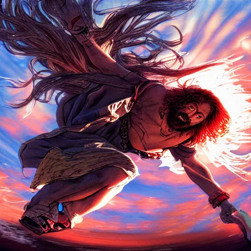 Prompt: UHD photo of a Jesus skateboarding , stoner rock, extremely detailed, 8k, cinematic lighting, in the style of Amano and Ayami Kojima, with vivid colors and rich composition