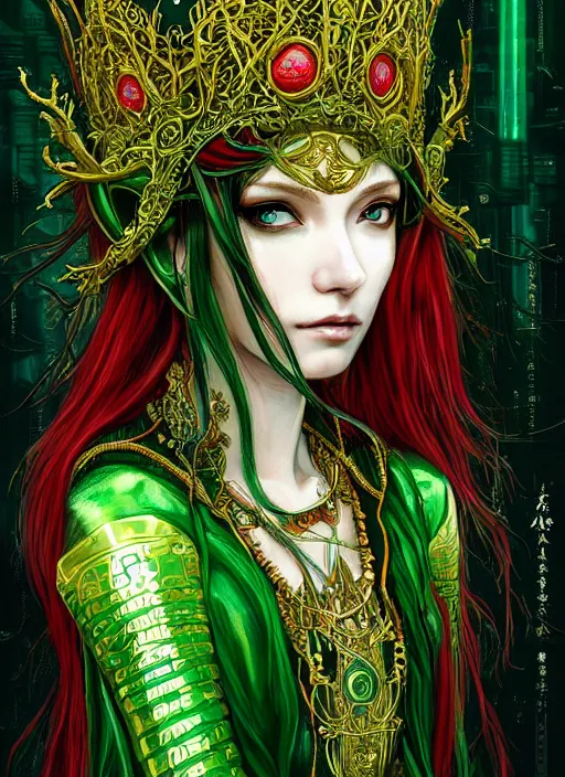 Image similar to a painting of a beautiful cyberpunk elven queen with long red hair, wearing green, red and gold ornate dress, golden intricate crown. detailed symmetrical close up portrait, intricate complexity, concept art, by takato yamamoto, wlop, krenz cushart. cinematic dramatic atmosphere, sharp focus