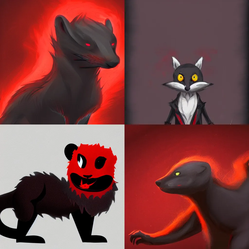 Prompt: anthropomorphic red / black furry weasel / stoat furry fursona, furry fandom detailed concept art, haunted eyes, engulfed in a dark cloud of ominous smoke