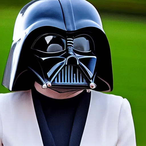 Image similar to Liz Truss in a Darth Vader helmet