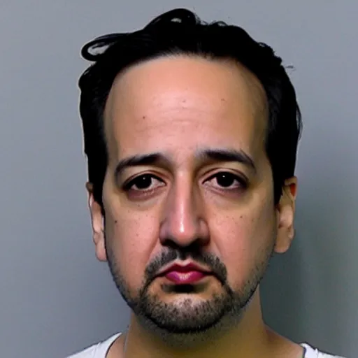 Prompt: Lin Manuel Miranda Mugshot, faces of meth, closeup, police booking, thesmokinggun,